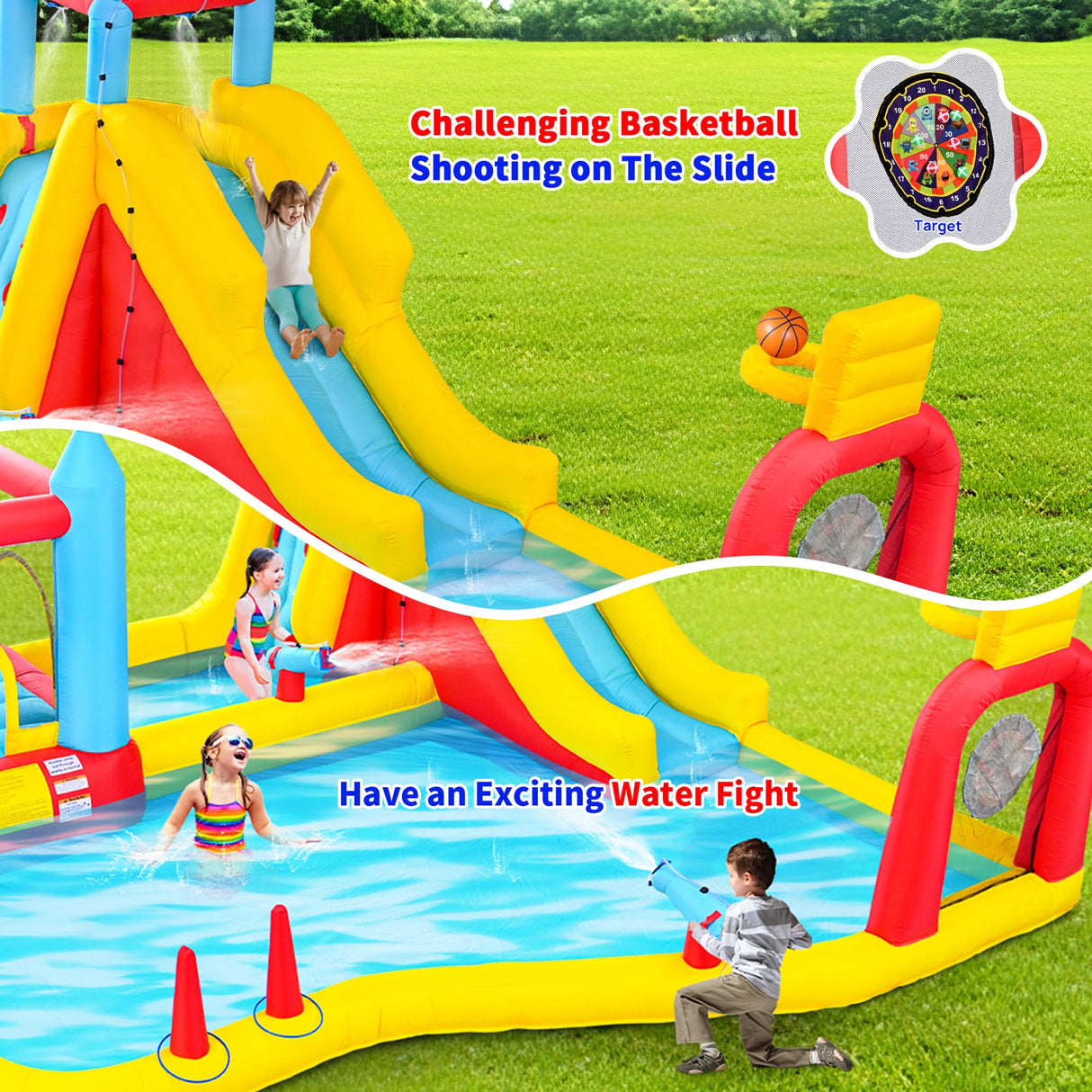 WELLFUNTIME Inflatable Water Slides Park with Blower, Bouncy Castle with Climbing Wall, Dual Water Cannons, Dual Basketball Hoops, Dartboard, Ring Toss, Deep Pool WELLFUNTIME