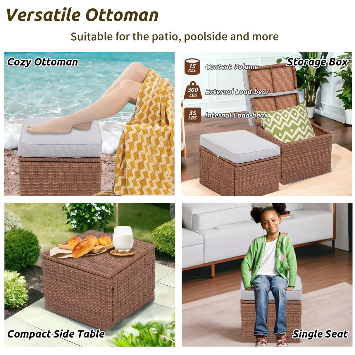 OPENAIRCOMFORT Premium Elegant Gray/Tawny 16.5" 2-Piece w/ 3" Fade-Proof Cushion, All-Weather Wicker Indoor/Outdoor Ottomans, PE Rattan Side Table & Footstools, Footrest, Ideal for Patio. OPENAIRCOMFORT