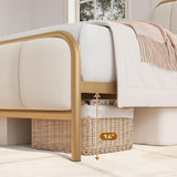 HITHOS Twin Size Bed Frame with Button Tufted Headboard, Upholstered Heavy Duty Metal Mattress Foundation with Wooden Slats, Easy Assembly, No Box Spring Needed (Golden/Off White, Twin) HITHOS