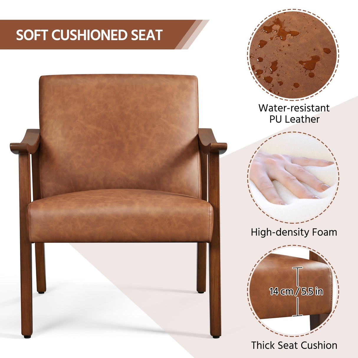 Yaheetech PU Leather Accent Chair, Mid-Century Modern Armchair with Solid Wood Legs, Reading Leisure Chair with High Back for Living Room Bedroom Waiting Room, Brown Yaheetech