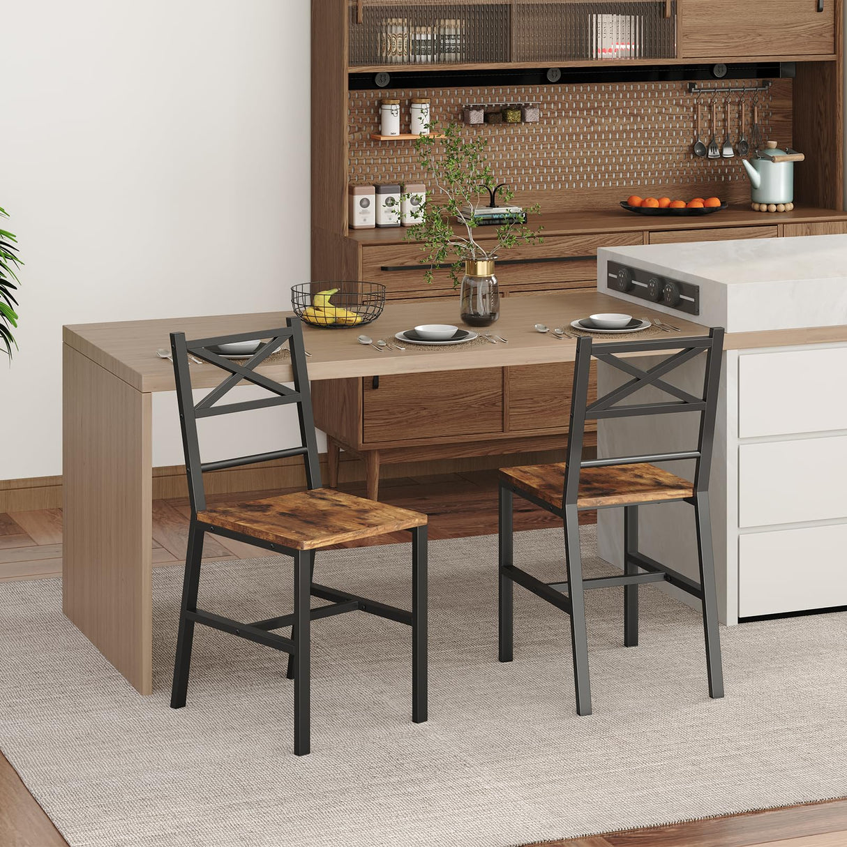 MAHANCRIS Dining Chair Set of 2, Rustic Wooden Kitchen Chairs with Backrest, Farmhouse Dining Chairs for Kitchen, Industrial Style Chair with Metal Frame, Easy Assembly, Rustic Brown TBHR1001 MAHANCRIS