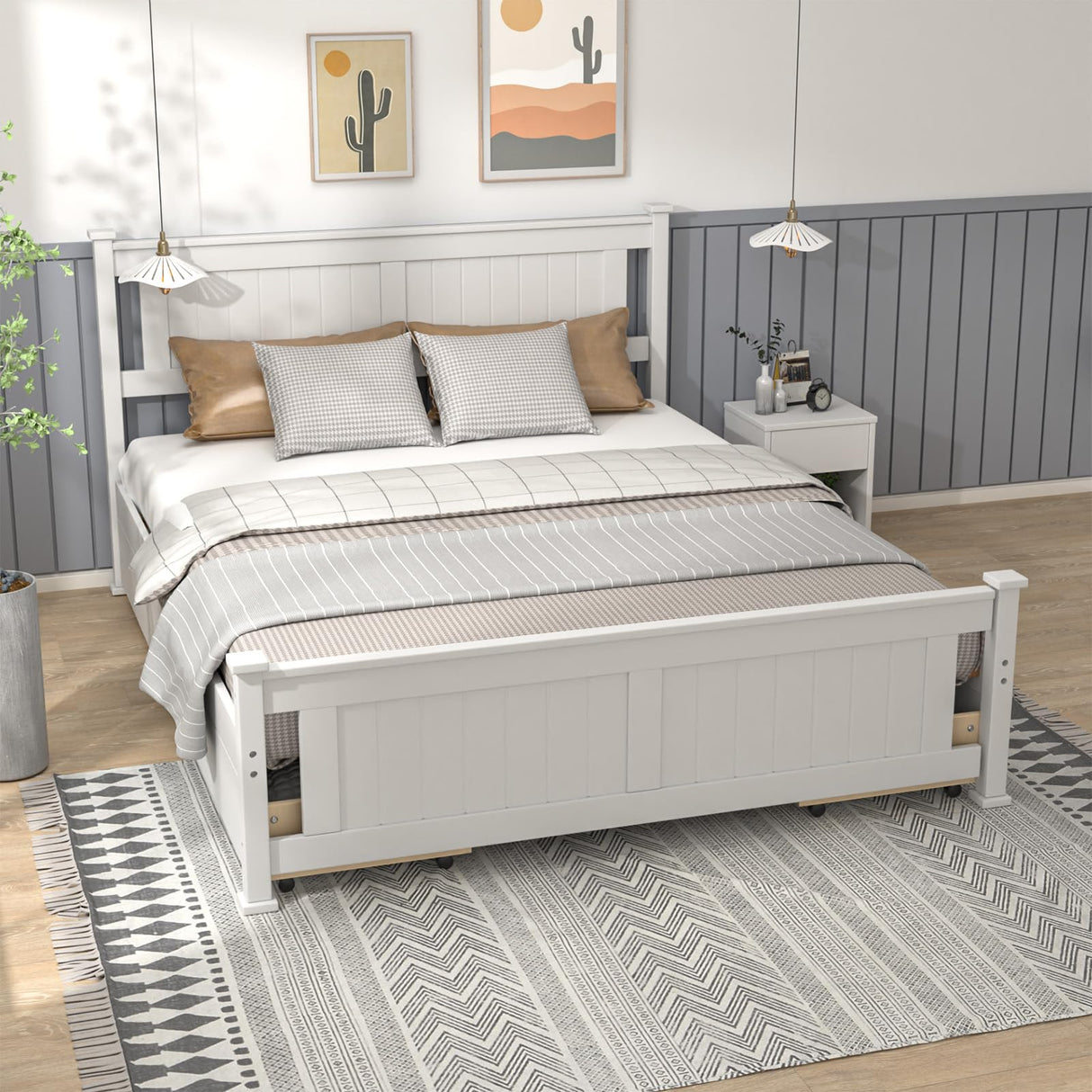 VINGLI Queen White Wood Bed Frame with Storage Drawers and Headboard VINGLI