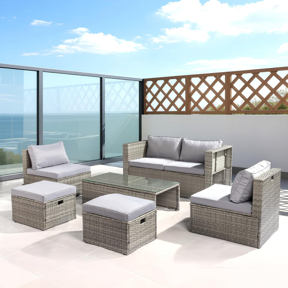 VINGLI 6 Pieces Wicker Patio Furniture Set, Outdoor Sectional Furniture Patio Conversation Set Space-Saving Design with Ottomans and Coffee Table for Garden,Poolside, Backyard(Grey) VINGLI