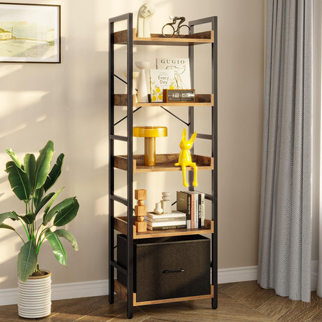 Rolanstar Bookshelf 5 Tier with Removable Drawer, Tall Narrow Bookcase, Industrial Wooden Display Shelves for Bedroom, Living Room, Office, Kitchen, Rustic Brown Rolanstar