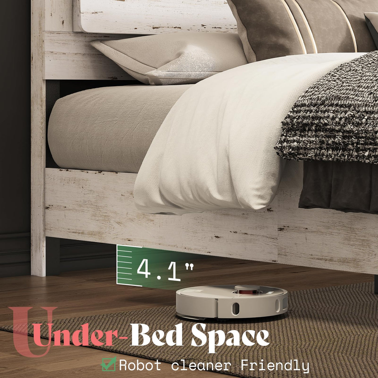 AMERLIFE Distressed White Full Bed Frame with Floating Design, Recline Headboard & Versatile RGB LED Lighting AMERLIFE