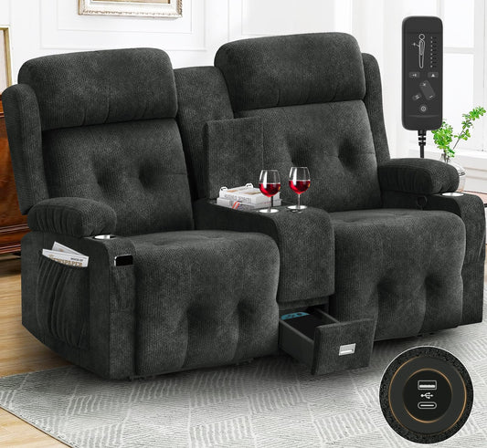 Aotolo Reclining Loveseat, Massage Loveseat Recliner Sofa Heavy Weight Capacity, RV Love Seat Chair Clearance with Console, USB, Type C Port, Storage, Cup Holders, Wall Hugger Couch, Fluffy Fabric