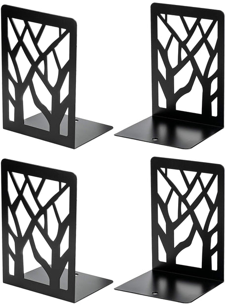 MaxGear Tree Design Modern Bookends for Shelves, Non-Skid Book Holder, Heavy Duty Metal Storage for Books/CDs, Decorative Book Stopper for Home, 7 x 4.7 x 3.5”, Black (2 Pair/4 Pieces) MaxGear