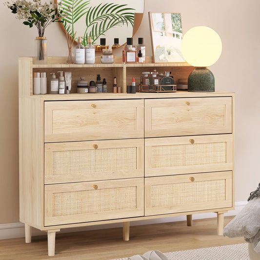 FUQARHY Rattan Dresser for Bedroom with Shelves, Modern 6 Drawer Double Dresser with Charging Station, Wood Chest of Drawers for Bedroom, Living