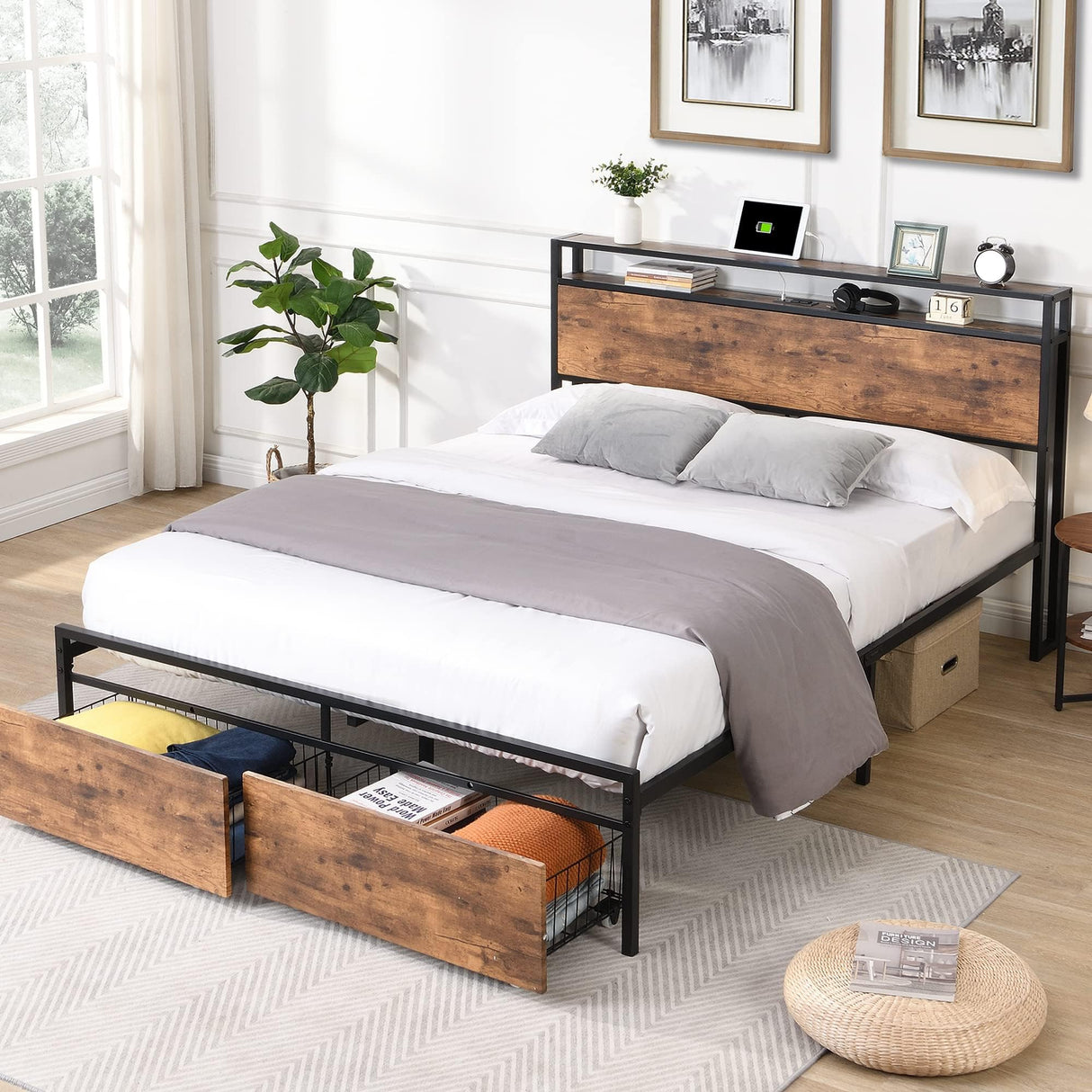 XKLOGER Queen Bed Frame with Headboard, Metal Platform Bed Frame with Charging Station & 2 Storage Drawers, Easy Assembly/Noise-Free/No Box Spring Needed/Brown XKLOGER