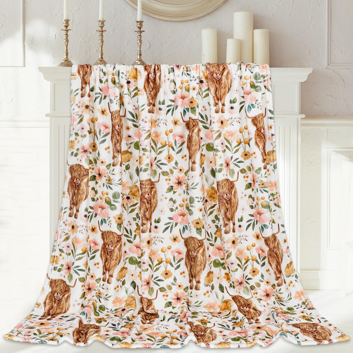 JarThenaAMCS Floral Highland Cow Fuzzy Flannel Blanket 60 x 70 Inch Farmhouse Throw Blanket Watercolor Flower Cow Blanket for Home Chair Sofa Couch Bed JarThenaAMCS