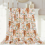 JarThenaAMCS Floral Highland Cow Fuzzy Flannel Blanket 60 x 70 Inch Farmhouse Throw Blanket Watercolor Flower Cow Blanket for Home Chair Sofa Couch Bed JarThenaAMCS