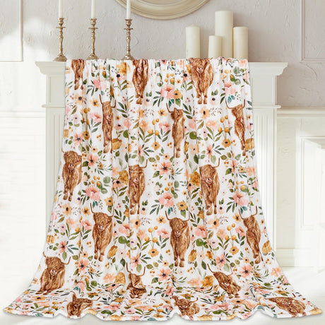 JarThenaAMCS Floral Highland Cow Fuzzy Flannel Blanket 60 x 70 Inch Farmhouse Throw Blanket Watercolor Flower Cow Blanket for Home Chair Sofa Couch Bed JarThenaAMCS