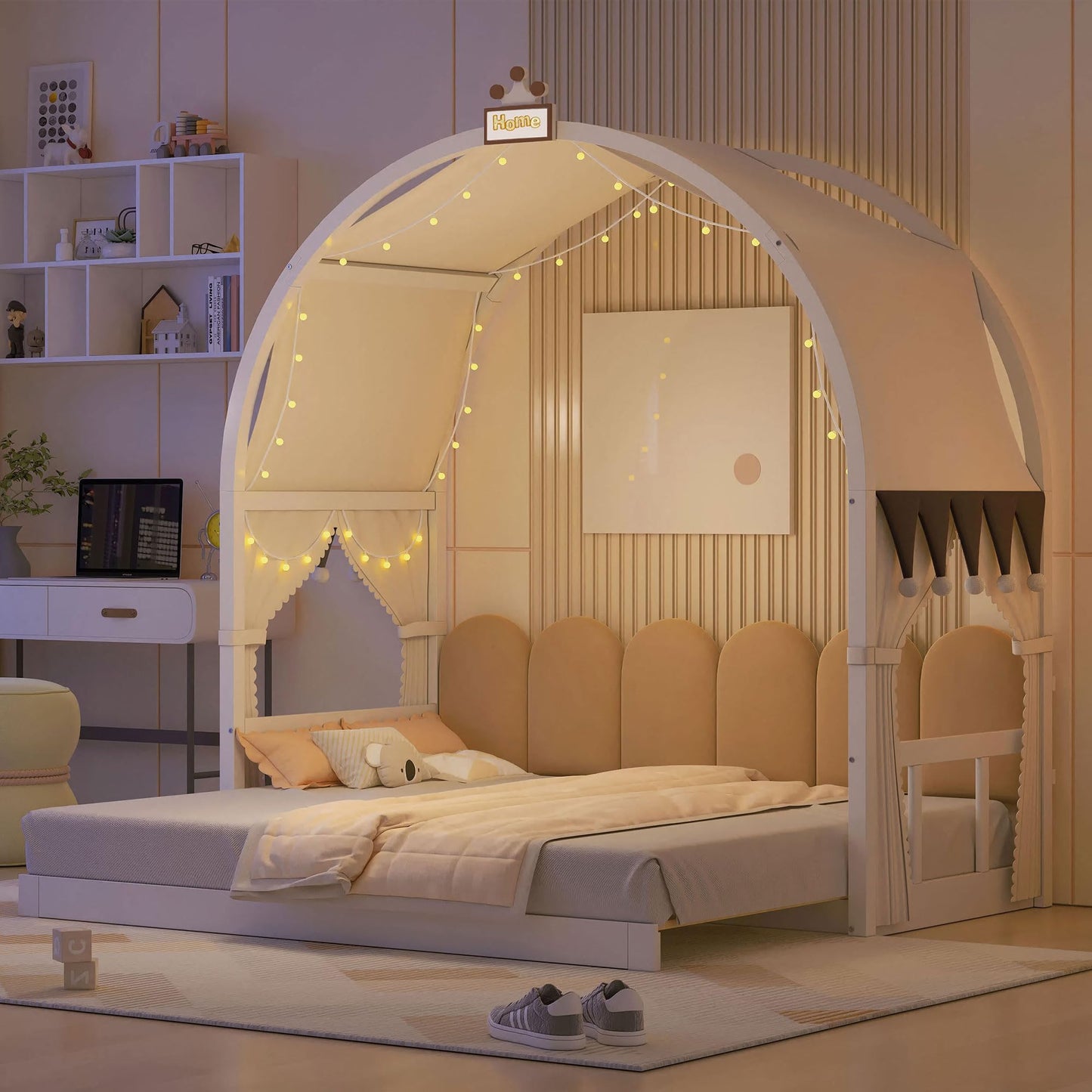 Polibi Twin Size Extended Bed with Arched Canopy, Trundle and Light Strip, Wooden Canopy Bed with Whiteboard (White)