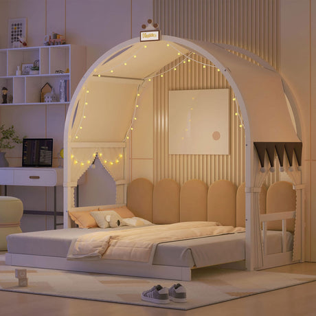 Polibi Twin Size Extended Arched Canopy Bed with Trundle, Light Strip, and Whiteboard in White Polibi