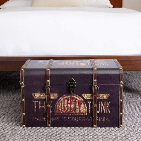 Household Essentials Large Decorative Trunk, Vintage Decoupage, Metal Accents with Leather Strapping, Strong MDF Frame, Clasps Shut, Green and Black Household Essentials