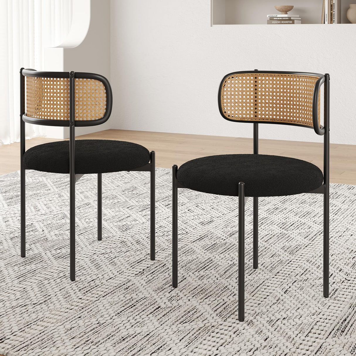 Farini Modern Upholstered Dining Chairs Set of 4,Rattan Back Dining Room Chairs,Accent Kitchen Chairs with Metal Legs,Black Farini