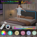 VECELO Upholstered Queen Bed Frame with Headboard Adjustable, Velvet Platform Bed with LED Lights, Charging Station, Mattress Foundation with Wooden Slats, Noise Free, No Box Spring Needed, Grey VECELO