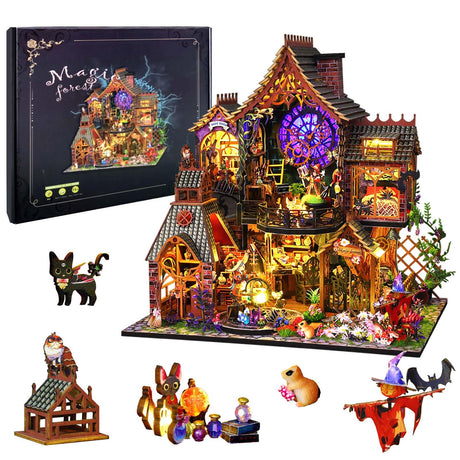 OurMiao Miniature House Kit Magic Forest, DIY Mini House Building Kit, Miniature Kit for Adults with Furniture and LEDs, Great Gift for Girls Teens Family OurMiao