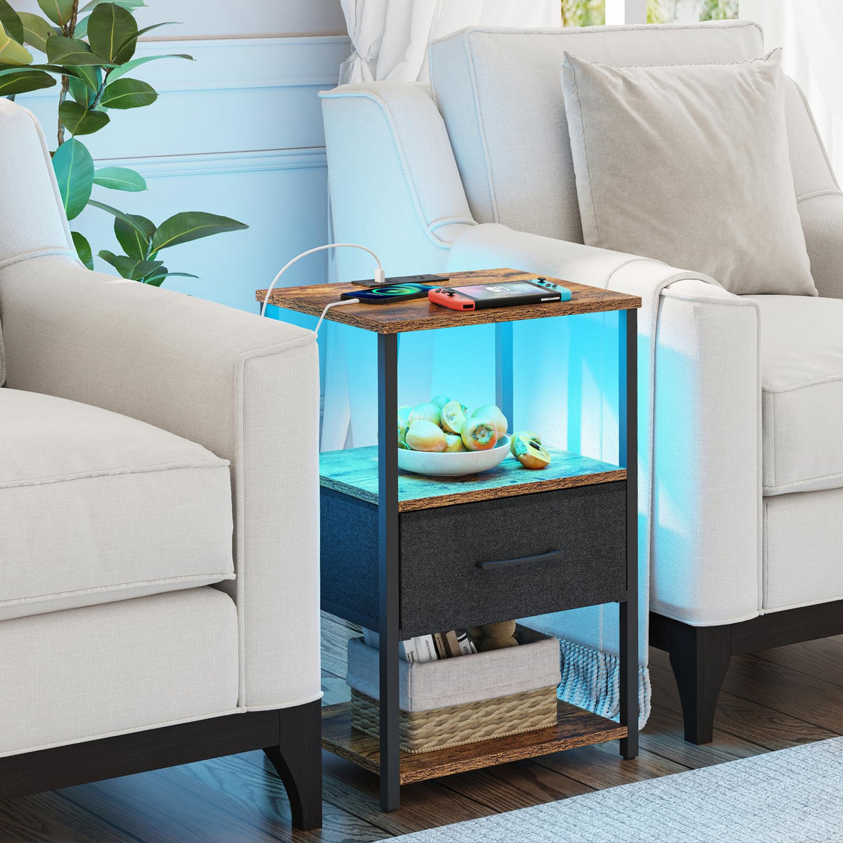 TUTOTAK LED End Table, Side Table with Charging Station, Nightstand Set of 2, Bedside Table with Fabric Drawer, Couch Table for Livingroom and Bedroom, Brown TB01BB0692L TUTOTAK