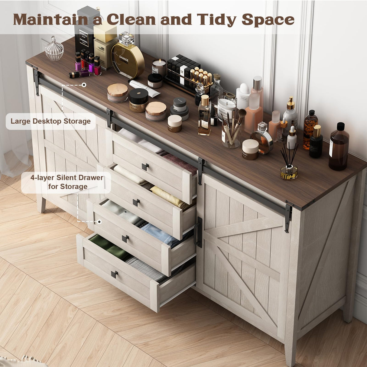 GlouMod 60" Farmhouse TV Stand & Dresser - White Entertainment Center with Sliding Barn Door, Retro Wood Chest for Living Room or Bedroom Storage GlouMod