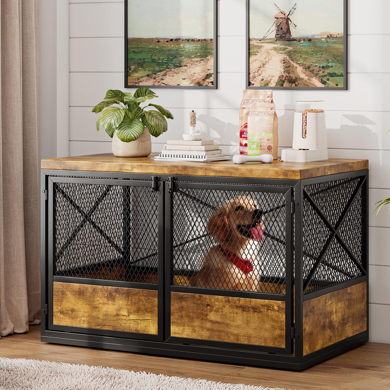 Cooday Heavy Duty Large Dog Crate Furniture, 38 Inch Wooden Dog Crate with Double Doors, Indoor Dog Kennel Furniture, Decorative Pet House End Table, Rustic Brown