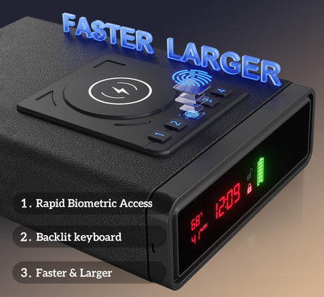 Biometric Smart Safe with Wireless Charging for Phone and Watch, 3 Quick Access Stopbox with Fingerprint Backlit Keypad - Compact Nightstand Drawer with LED Light, 24/7 Digital Clock, Bedside, Office ORARAER