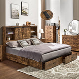 VanAcc Full Size Bed Frame, Wooden Platform Storage Bed with 51.2" Bookcase Headboard, 2 Drawers, Charging Station/No Box Spring Needed/Noise Free(Rustic Brown) VanAcc