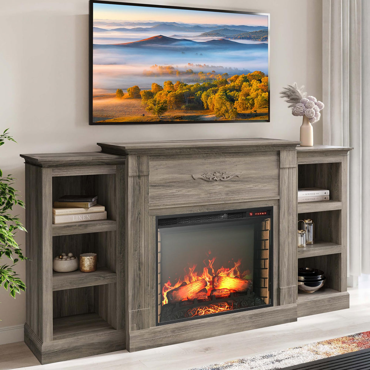 BELLEZE Modern 70" Electric Fireplace Heater Mantel TV Stand & Media Entertainment Center for TVs up to 68" with Energy-Efficient Heater with Sound and Side Book Shelves - Lenore (Grey) BELLEZE