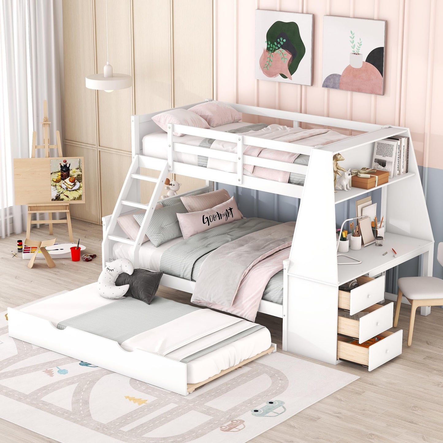 Bellemave Twin Over Full Bunk Bed with Trundle, Desk, Storage Drawers & Shelf in White - WoodArtSupply