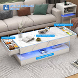 chartustriable 47inch Large High-Glossy LED Coffee Table with 2 Sliding Drawers, Living Room Storage Tables with Marbling Print, Modern Stylish Double-Layer Center Tables w/LED Lights, White chartustriable