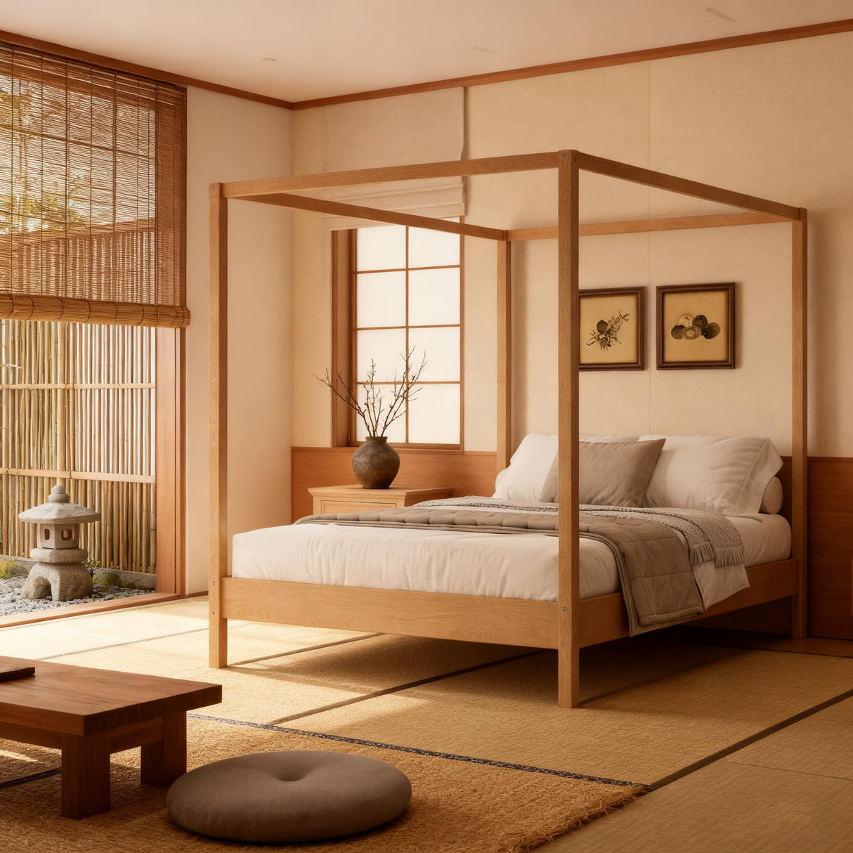 JIJIWANG Solid Wood King Size Canopy Bed Frame Four Poster Platform Bed with Slats Support, No Box Spring Needed, Natural JIJIWANG