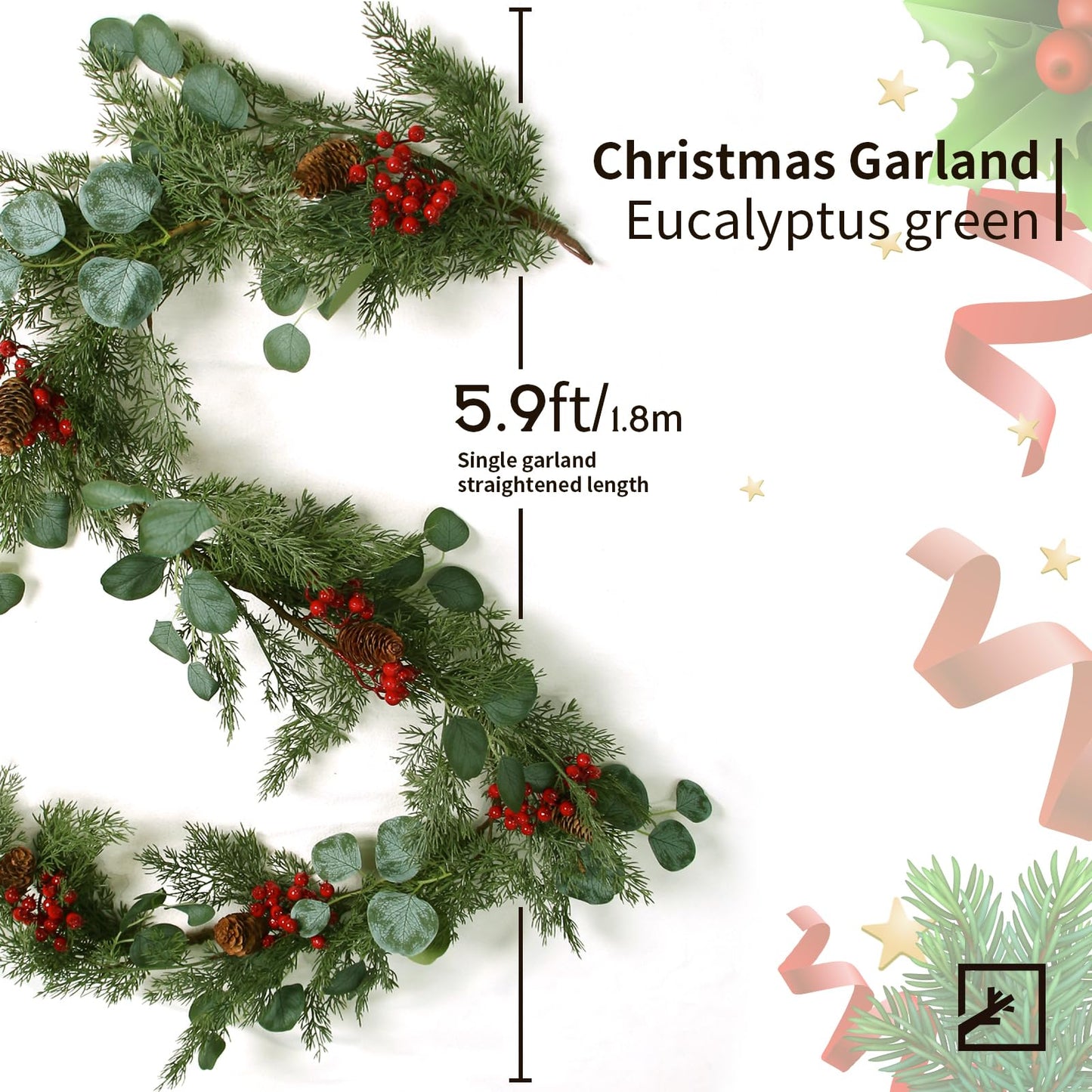 ZIFTY 6FT Christmas Garland Artificial Pine and Cypress with Red Berries Eucalyptus Leaves Pine Cone Perfect for Indoor and Outdoor Holiday Decorations