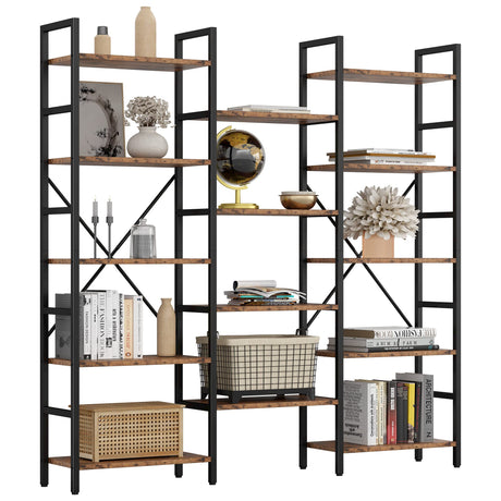 IRONCK Bookcases and Bookshelves Triple Wide 5 Tiers Industrial Bookshelf, Large Etagere Bookshelf Open Display Shelves with Metal Frame for Living Room Bedroom Home Office IRONCK
