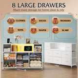 WLIVE White Dresser for Bedroom, TV Stand for Bedroom for 55 inch TV with Charging Station and LED Lights, Fabric Chest of Drawers with Open Shelves, 8 Drawers Dressers for Living Room, Closet WLIVE