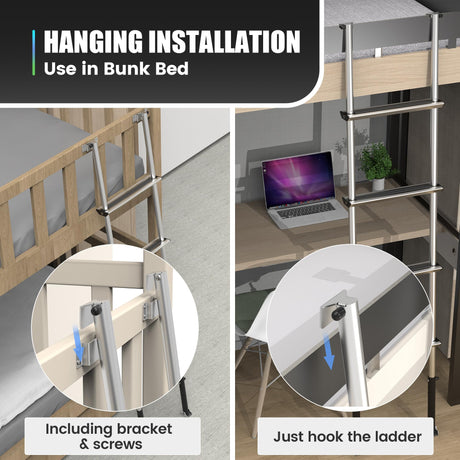 Marudina 61.5" Pre-Assembled Bunk Ladder, Adjustable 3 Levels of Height, Aluminum RV Bunk Bed Ladder with 4 Anti-Slip Steps, Non-Slip Feet, 2 Fixing Methods Marudina
