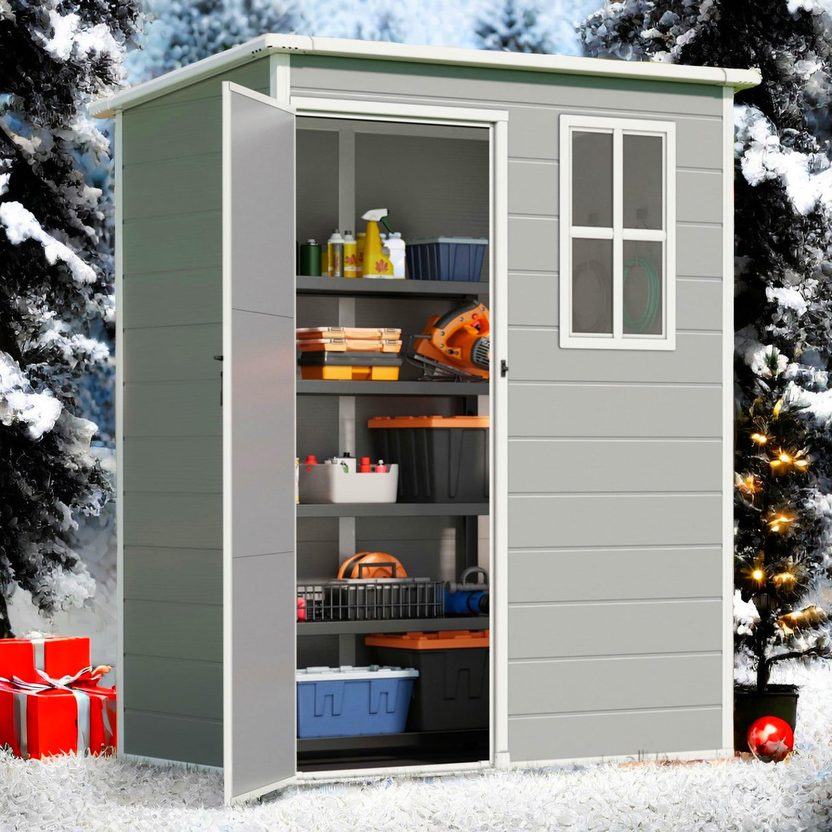 Gizoon Outdoor Resin Storage Shed 5X3 FT, Plastic Garden Shed for Bike, Garbage Can, Tool, Outside Sheds with Lockable Door for Backyard Patio Lawn, Grey & White Gizoon