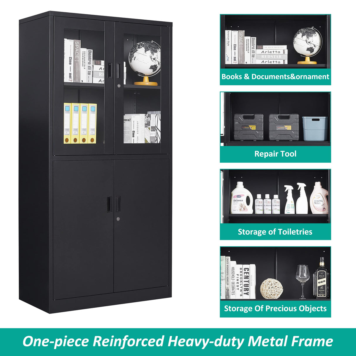 SISESOL Display Cabinet with Glass Doors and Lock,Black Metal Storage Cabinet,Freestanding Locking Kitchen Pantry Cabinets with Doors and Shelves for Home Office,Pantry,Kitchen Bathroom SISESOL