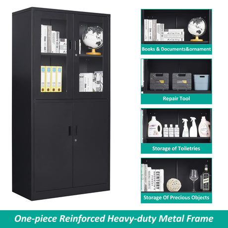 SISESOL Display Cabinet with Glass Doors and Lock,Black Metal Storage Cabinet,Freestanding Locking Kitchen Pantry Cabinets with Doors and Shelves for Home Office,Pantry,Kitchen Bathroom SISESOL