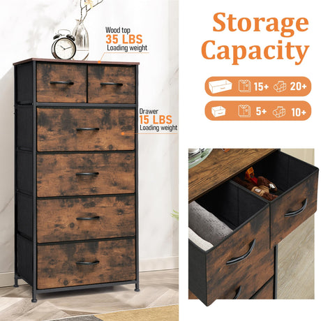VredHom Fabric Dresser for Bedroom, Tall Skinny Dresser with 6 Drawers, Storage Organizer Tower, Steel Frame Wooden Top for Closet, Living Room, Hallway(Rustic Brown) VredHom