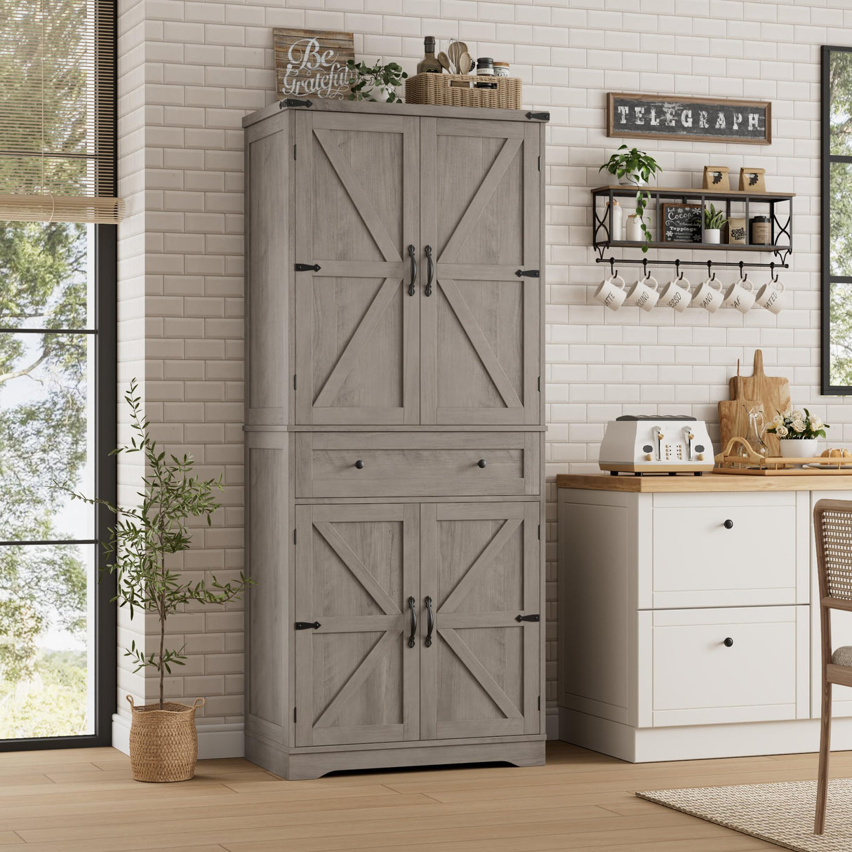 HOSTACK 71" Tall Pantry Cabinet, Farmhouse Kitchen Pantry with Storage Shelves, Barn Doors Food Storage Cabinet, Freestanding Kitchen Hutch with Large Drawer for Dining Room, Living Room, Ash Gray HOSTACK