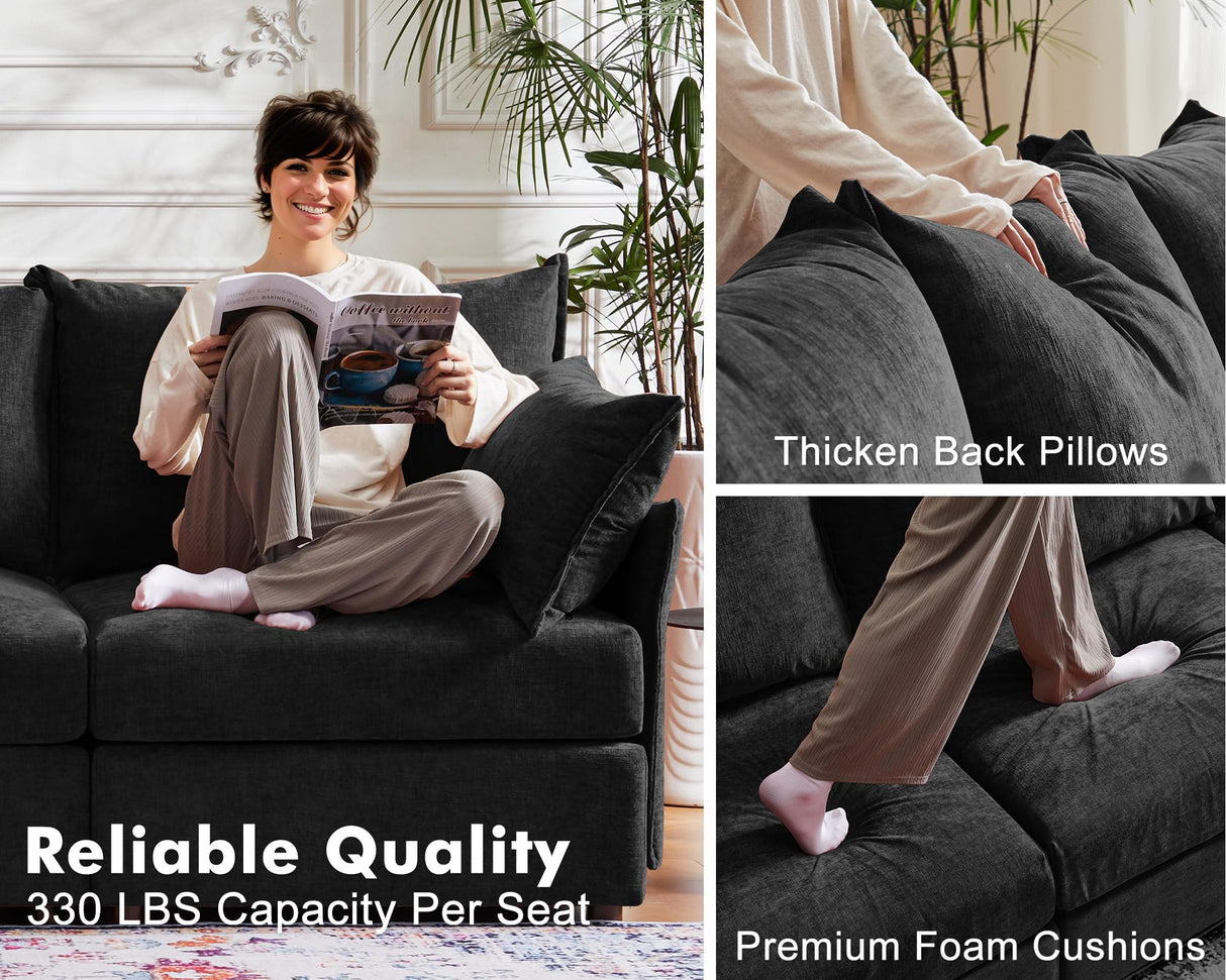 ABCASA Oversized Loveseat Sofa, Modern Modular Sectional Couch Black Fluffy Chenille Mid Century 2-Seat 24.5" Deep Seat for Apartment, Living Room, Bedroom ABCASA