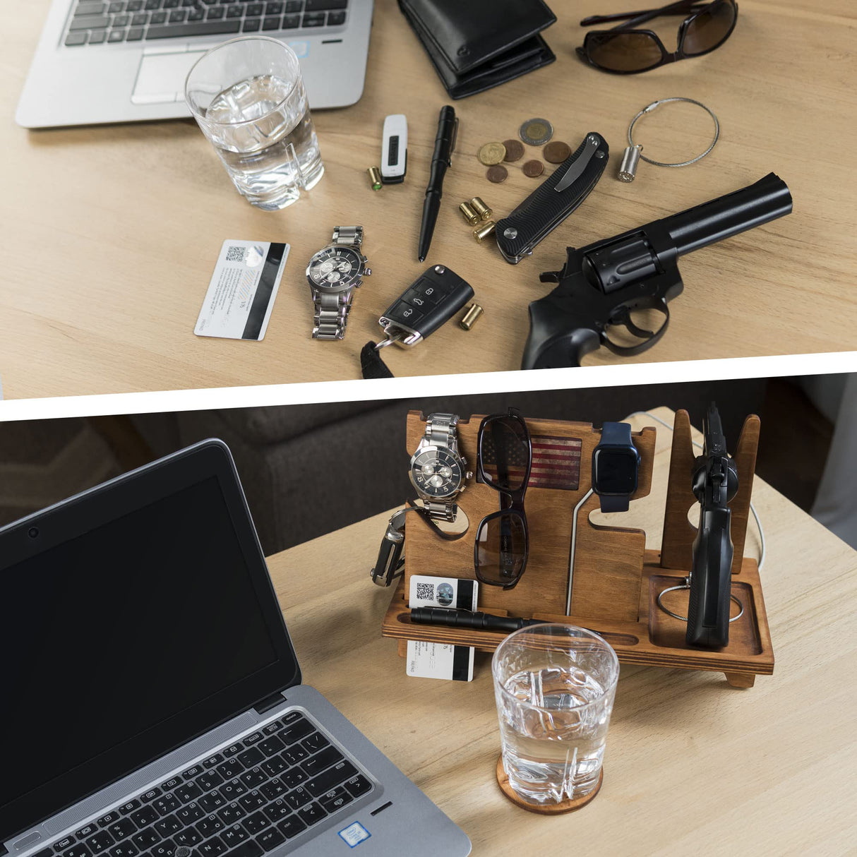 ROSTMARYGIFT Night stand - Gun tray organizer - Wood gun holder with watch charger - Ideal for police officers - Law enforcement gifts for him - Father's day gift ROSTMARYGIFT