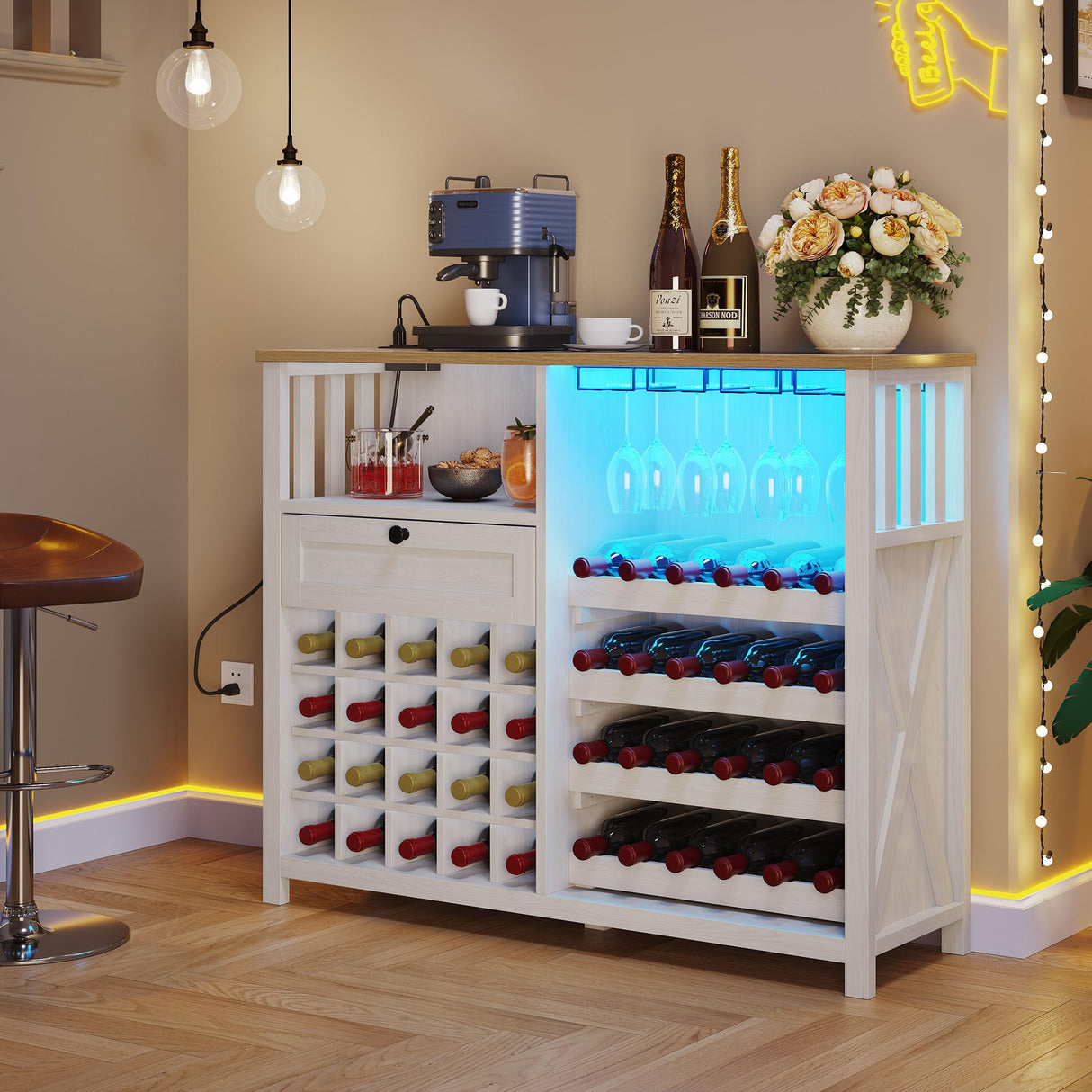 DWVO 47" LED-Illuminated Wine Bar Cabinet with Power Outlets - Modern Storage & Drawer in Washed White DWVO