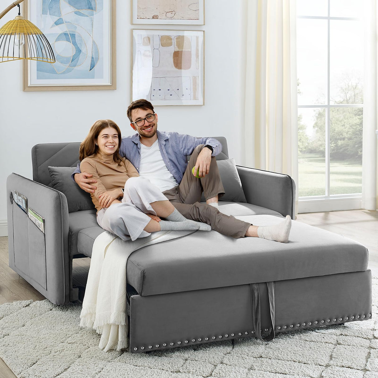 howcool 3 in 1 Convertible Sleeper Futon Sofa Bed, 55" Velvet Small Loveseat Lounge Couches with 2 Pillows, Reclining Backrest, USB Ports & Side Pockets for Living Room, Pull-Out Couch, Light Grey howcool