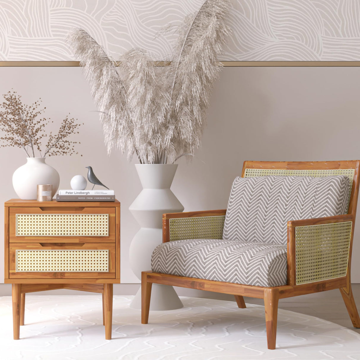 Bme Oliver Solid Wood Rattan Nightstand/Side End Table, Fully Assembled, for Bohemian & Mid Century Style Bedroom and Living Room, 2-Drawer, Caramel Bme