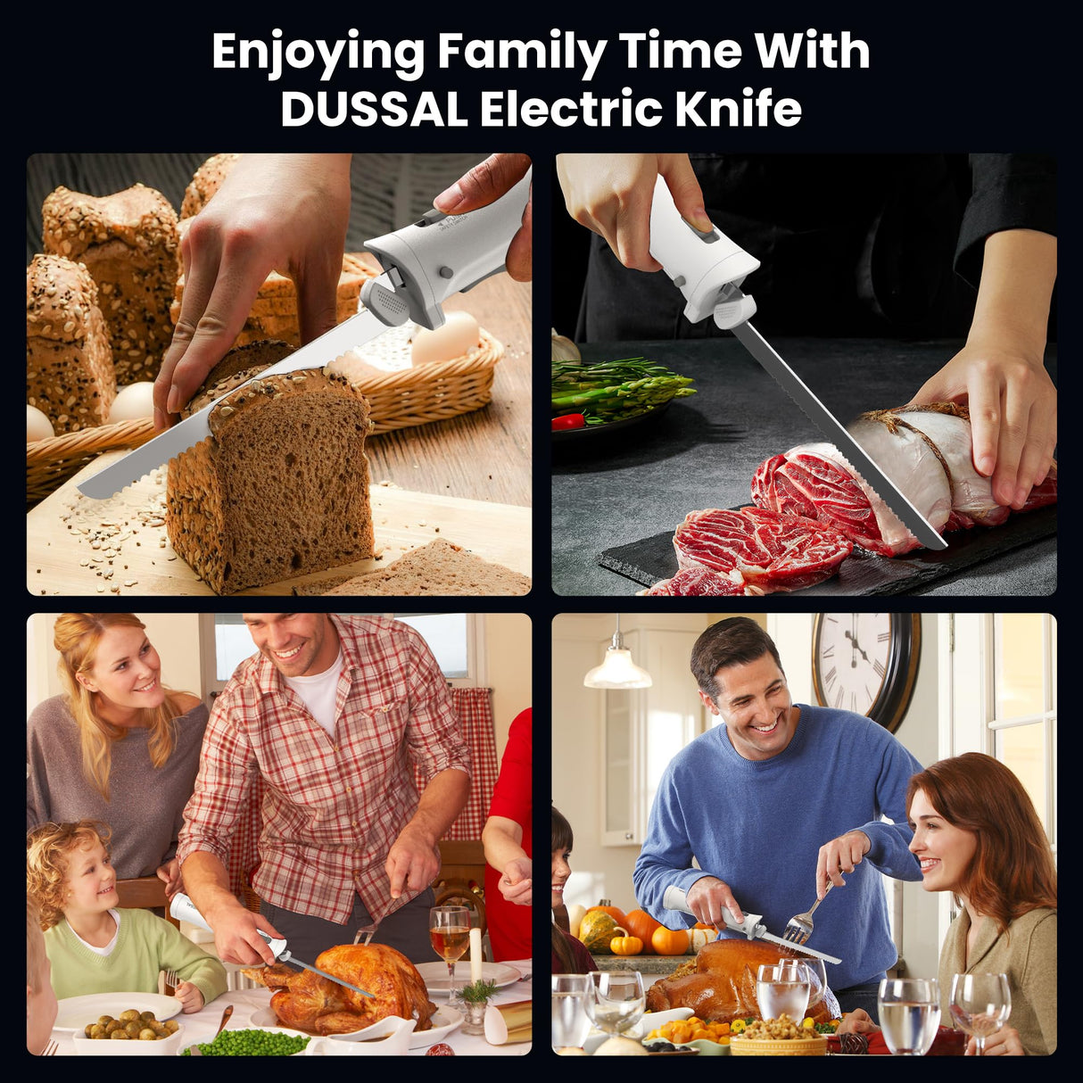 DUSSAL Cordless Electric Knife Rechargeable, Electric Carving Knife, 4 Stainless Steel Blades, Safety Lock Switch, Blade Release Buttons, Carving Meats, Poultry, Bread, Cheese & More (White) D DUSSAL