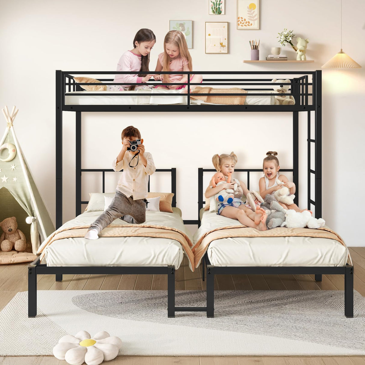 HKOLIE Detachable Triple Bunk Bed, Metal Bunk Bed for 3, with Guardrails, Ladder & Upper Bed Platform, Black, for Kids, Teens, and Adults, No Box Spring Needed HKOLIE