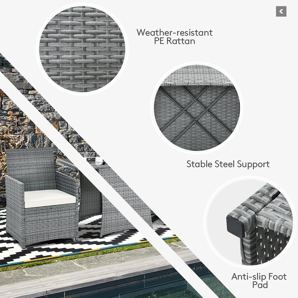 DORTALA 3 Pieces Patio Rattan Furniture Set, Outdoor Wicker Conversation Set with Sponge and Coffee Table, Cushioned Dining Bistro Chair Set for Patio Garden Backyard Pool, White DORTALA
