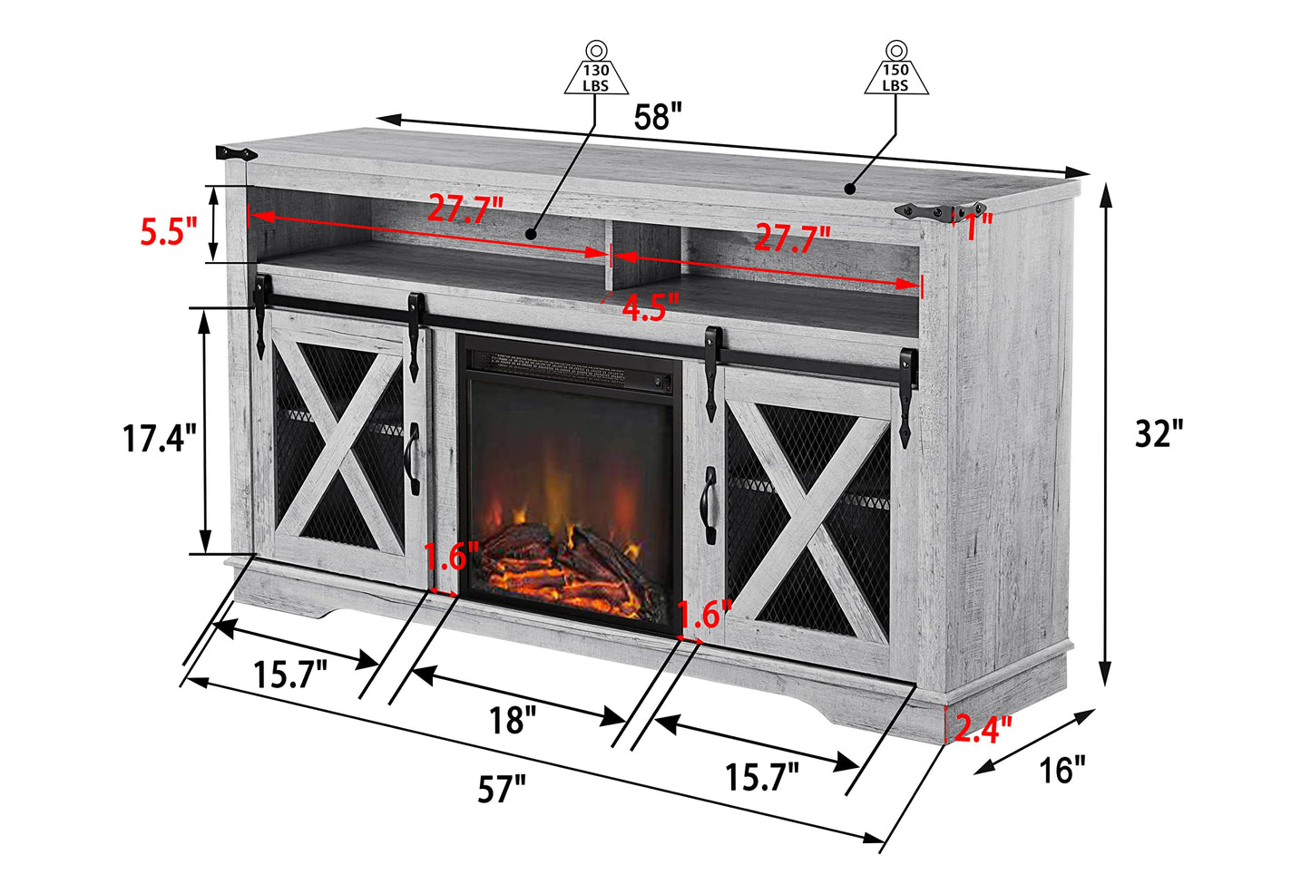 Okvnbjk Fireplace TV Stand for TVs up to 70", Entertainment Center with 18" Electric Fireplace, Farmhouse TV Stand Industrial Media Console with Sliding Barn Door for Living Room, 58 Inch, White Oak