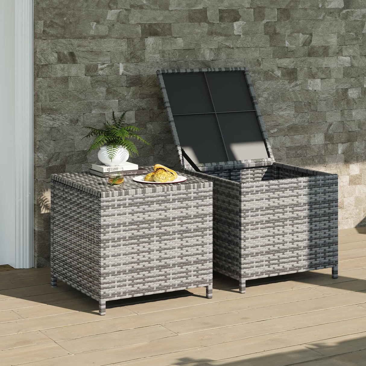UDPATIO Outdoor Wicker Side Table with Storage Set of 2 Patio Rattan End Table Small Resin Square Container Coffee Table Backyard Pool for Furniture Covers, Toys and Gardening Tools (Grey) UDPATIO